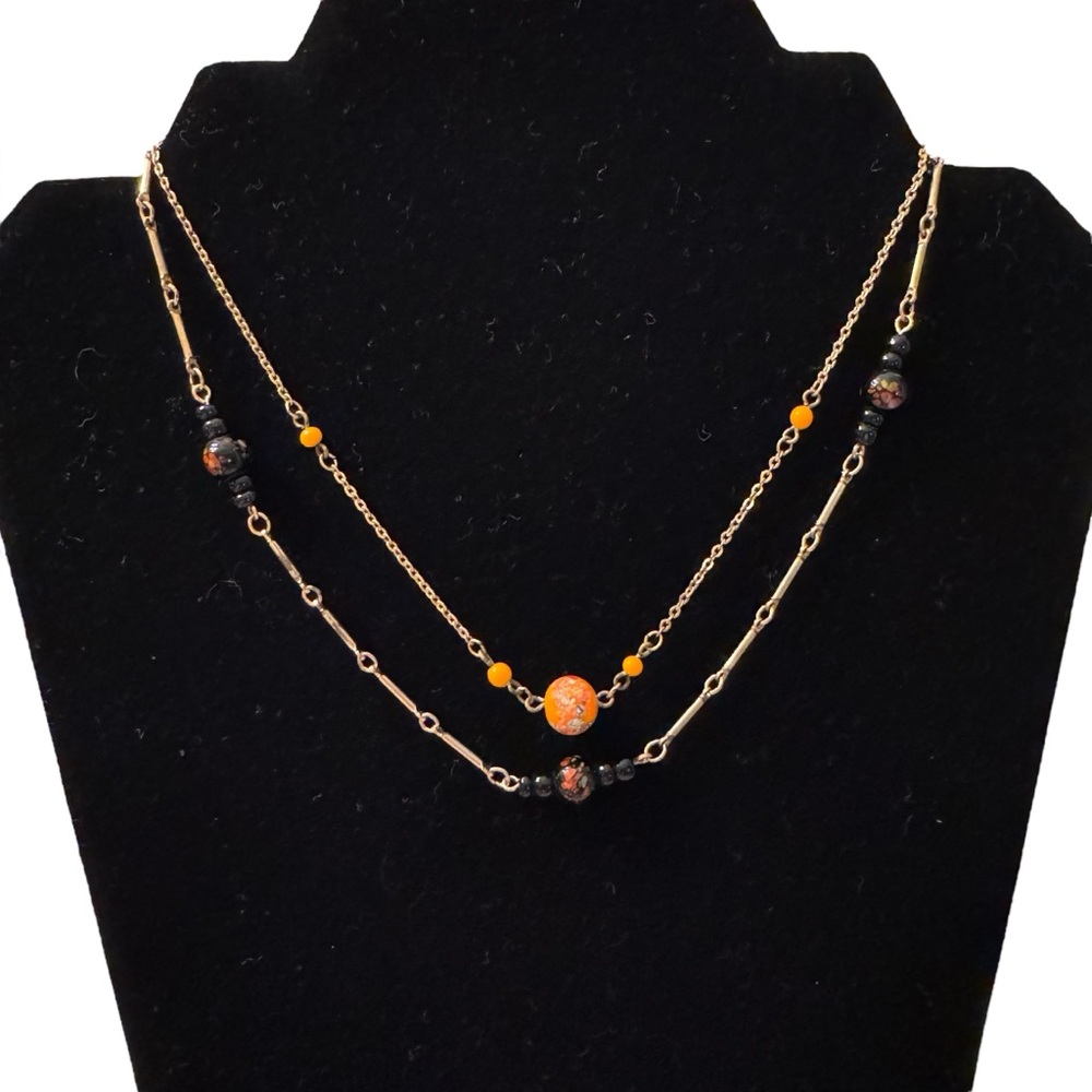 2 Vintage Floral Bead Chain Necklaces Black Orange Gold Tone Metal Dainty